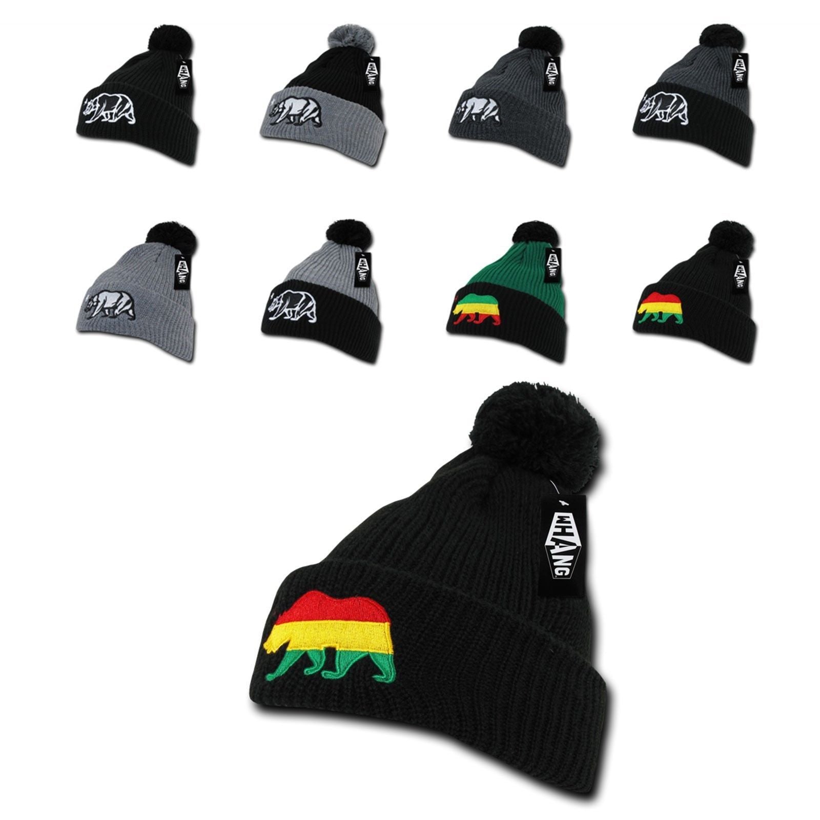 Whang California Republic Cali Bear Cuff Pom Rasta Warm Winter Beanies Hats Caps-Black-