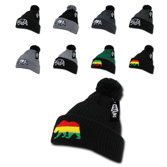 Whang California Republic Cali Bear Cuff Pom Rasta Warm Winter Beanies Hats Caps-Black-