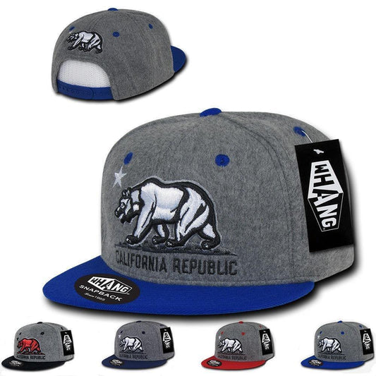 Whang Melton Cali Bear California Republic 6 Panel Snapback Hats Caps-Ash/Black-