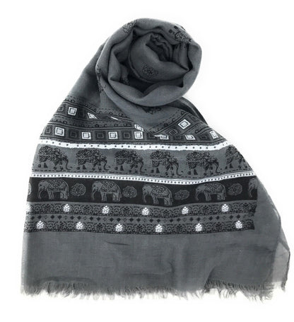 Casaba Women's Scarf Scarves Elephant Designs Indian Style-Gray-