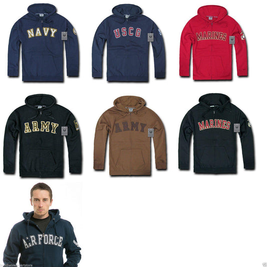 Zip Fleece Hoodie Sweatshirt Military Navy Air Force Army Coast Guard Marines-Army - Black-Regular-Small
